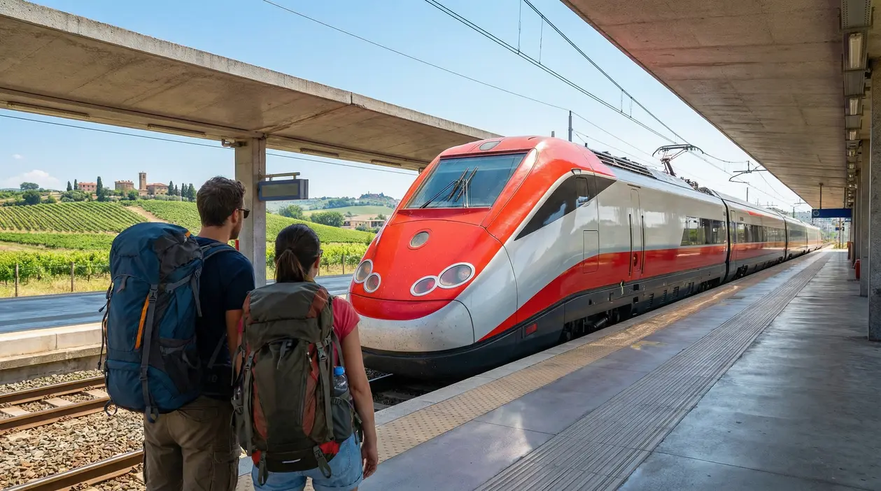 Due viaggiatori con zaini in attesa di un treno ad alta velocità in una stazione italiana
