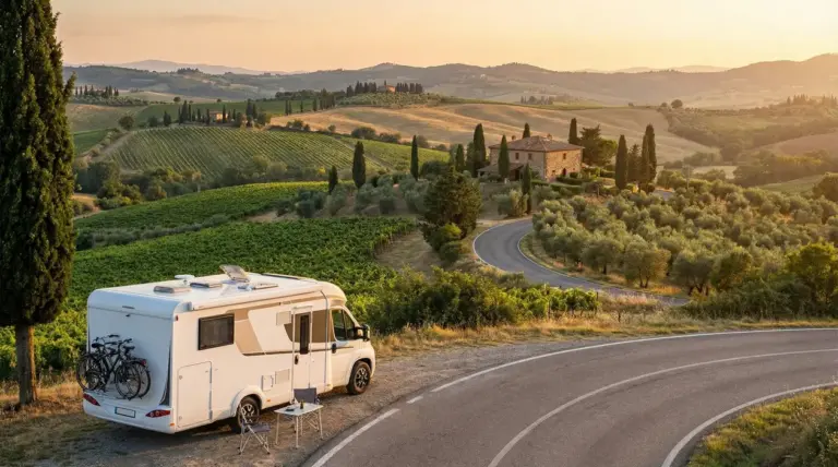 Camper parcheggiato in una strada panoramica tra le colline italiane al tramonto