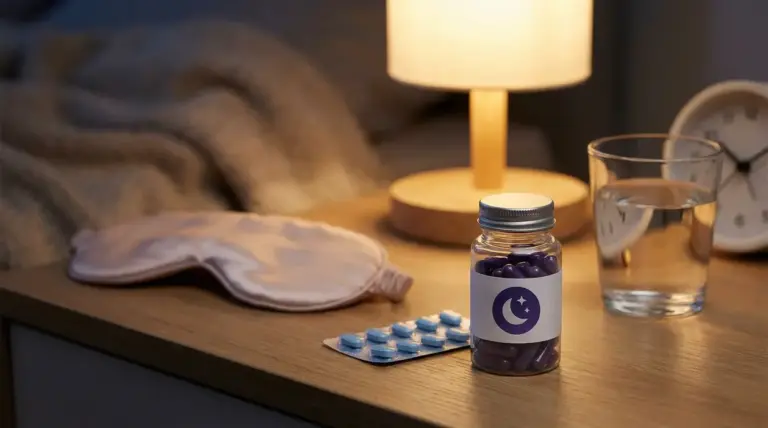 Integratori e pillole sul comodino accanto a mascherina per dormire e bicchiere d'acqua
