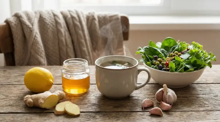 Tisana calda con limone, miele, zenzero, aglio e insalata di verdure su tavolo di legno, alimenti utili per la bronchite