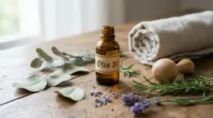 Bottiglia di Olio 31 su tavolo di legno con erbe aromatiche, asciugamano e strumenti da massaggio