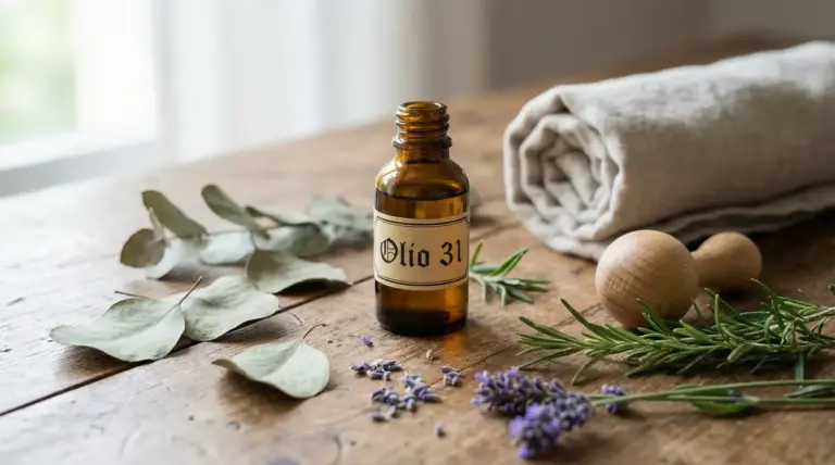 Bottiglia di Olio 31 su tavolo di legno con erbe aromatiche, asciugamano e strumenti da massaggio