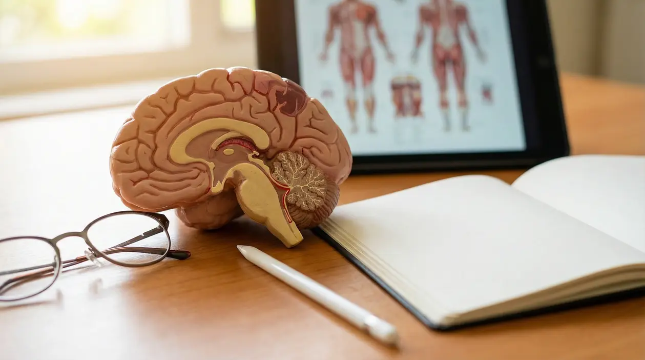 Modello anatomico del cervello su una scrivania con quaderno e computer, per parlare di sintomi dell’ictus