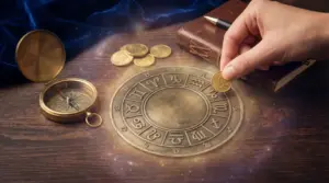 Mano che posa una moneta su una ruota dei segni zodiacali, con bussola e taccuino su un tavolo di legno