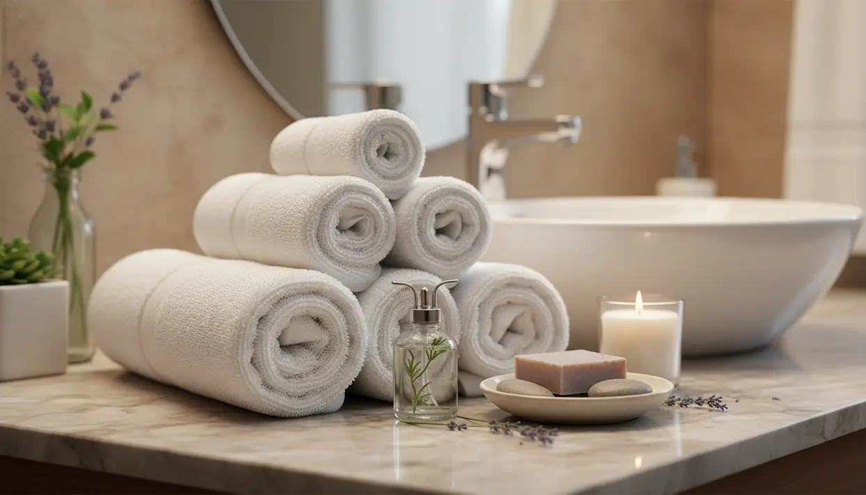 Asciugamani bianchi arrotolati con candela, sapone e diffusore su mobile bagno vicino al lavandino