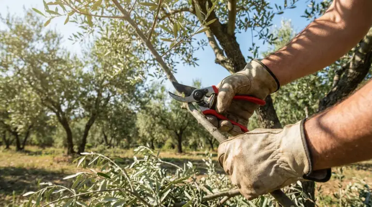 Mani con guanti che potano un ramo di ulivo con cesoie in un oliveto