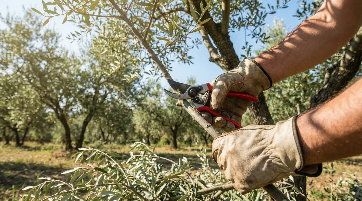Mani con guanti che potano un ramo di ulivo con cesoie in un oliveto